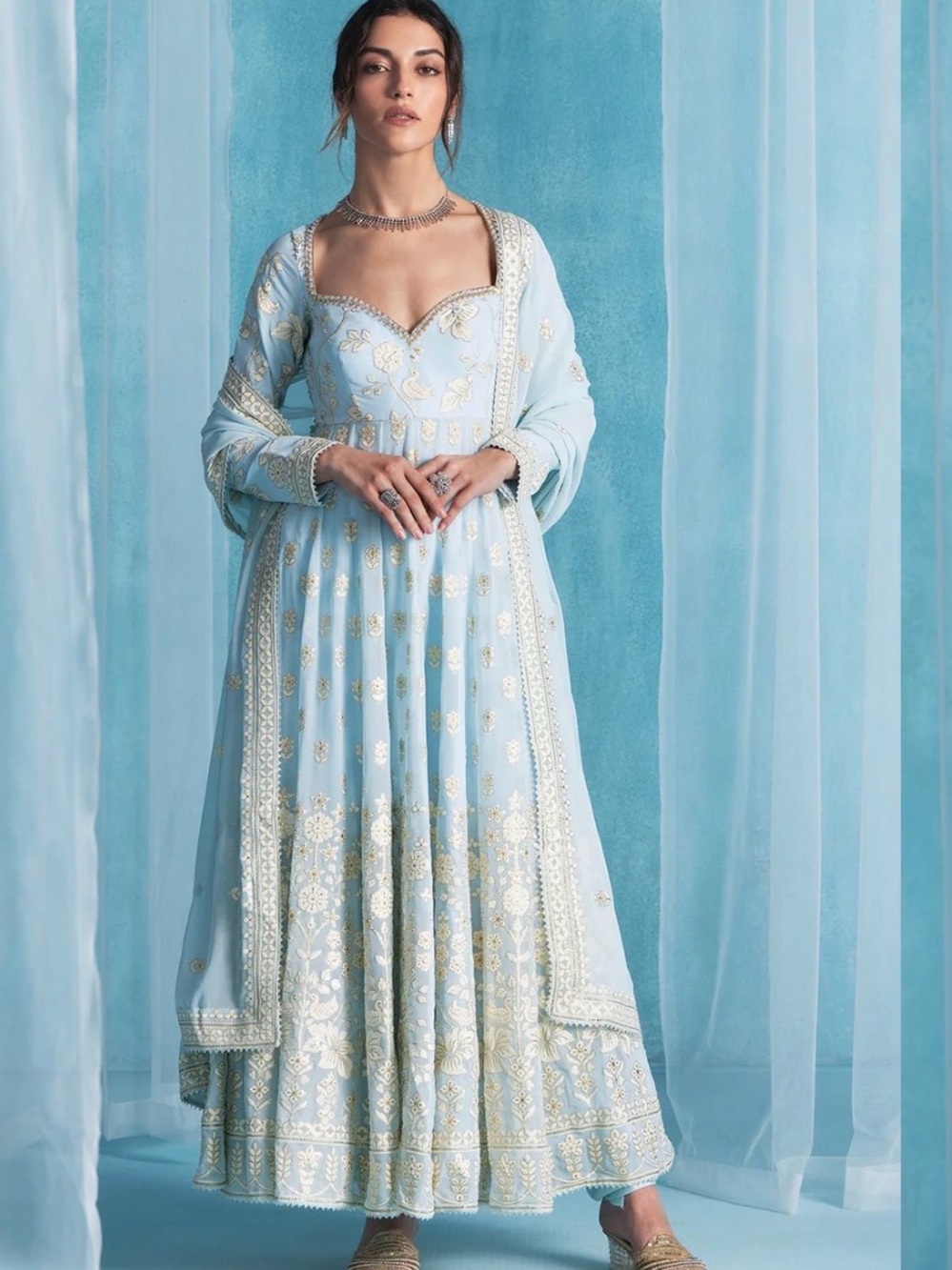 Elegant Light Blue Embroidered Anarkali Dress Pant Set